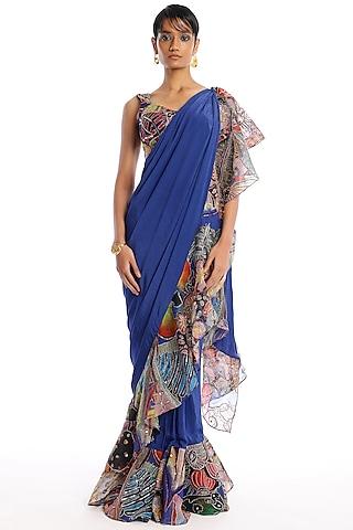 midnight blue mulberry crepe & organza ruffled stitched saree set