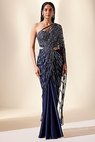 midnight blue net & dupion silk embroidered draped saree