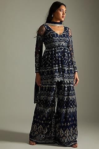 midnight blue net embroidered kurta set