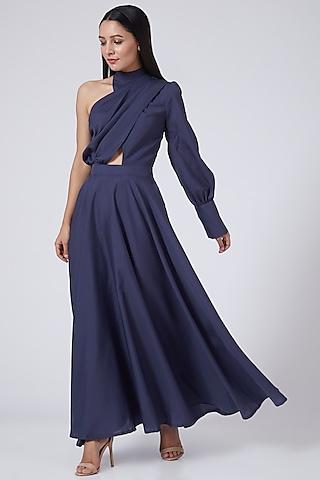 midnight blue one shoulder flared dress