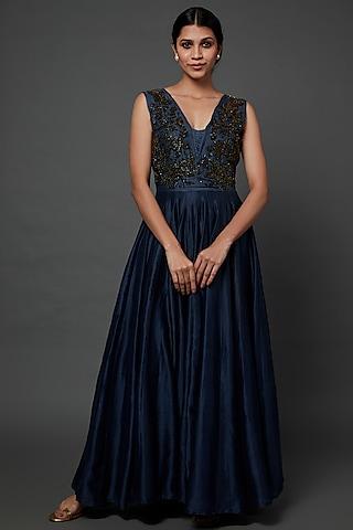 midnight blue organic silk embellished gown