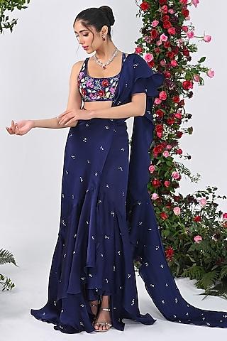 midnight blue organza satin pre-draped saree set