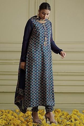 midnight blue printed & embroidered kurta set