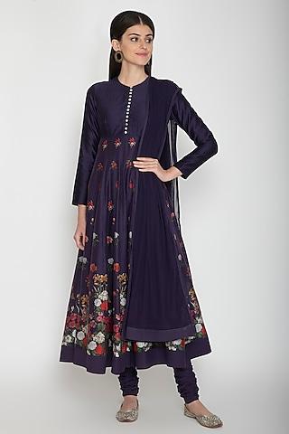 midnight blue printed chanderi anarkali set