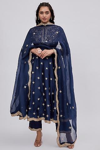 midnight blue pure spun silk embroidered anarkali set