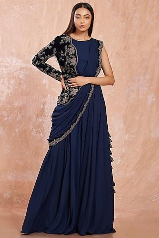 midnight blue saree gown with one-shoulder jacket