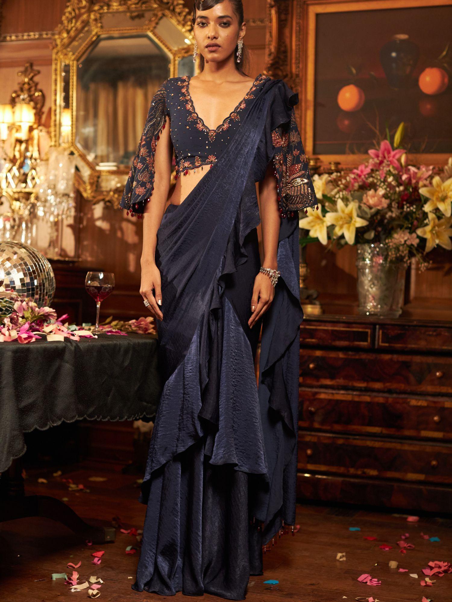 midnight blue satin and georgette embroidered drape saree with stitched blouse
