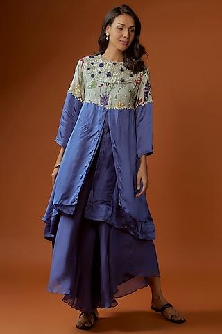 midnight blue satin organza sequins embroidered asymmetric layered kurta set
