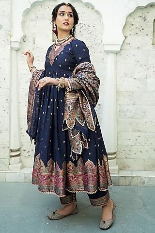 midnight blue self woven moonga silk anarkali set