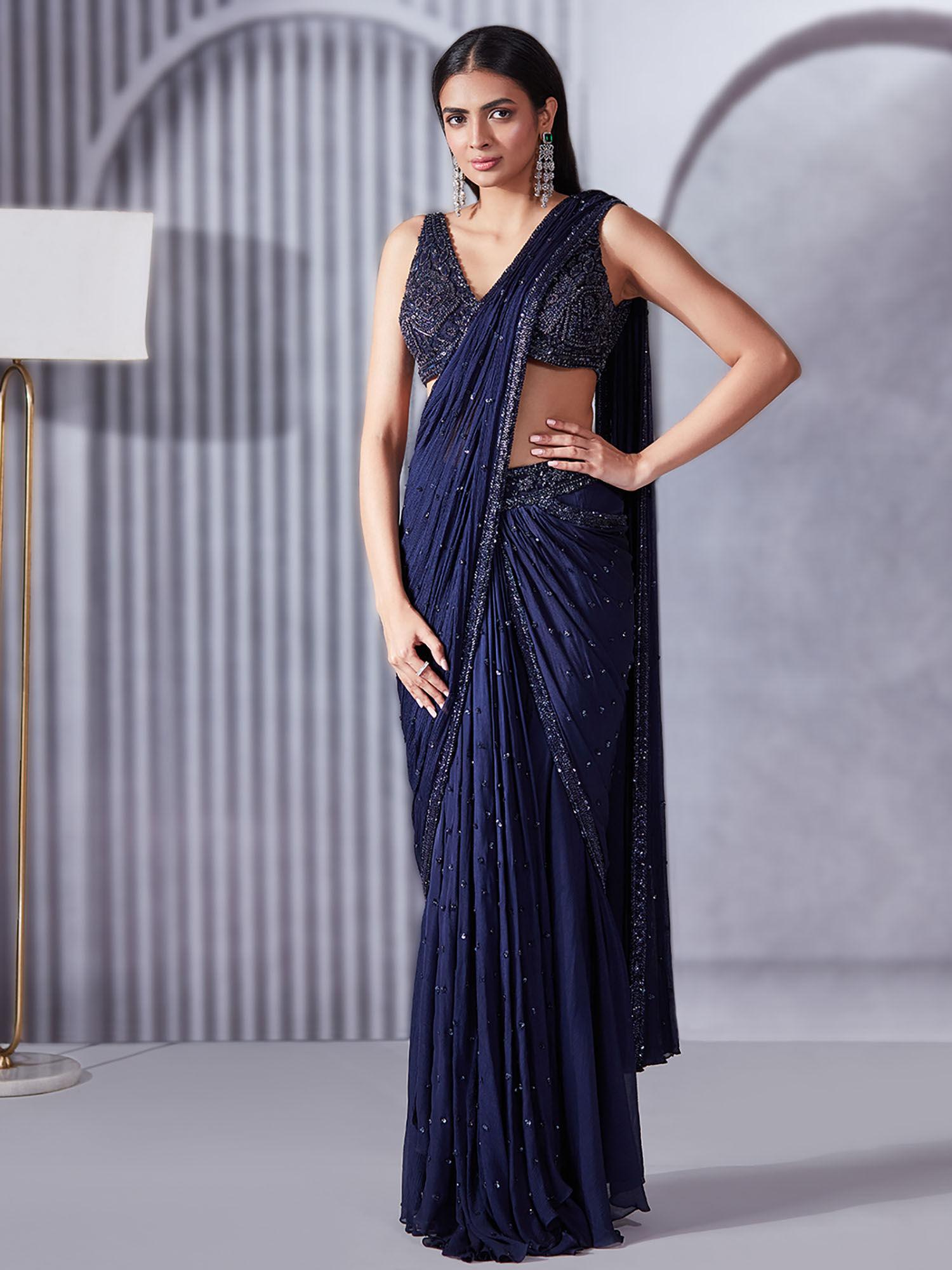 midnight blue sequin saree with blouse with stitched