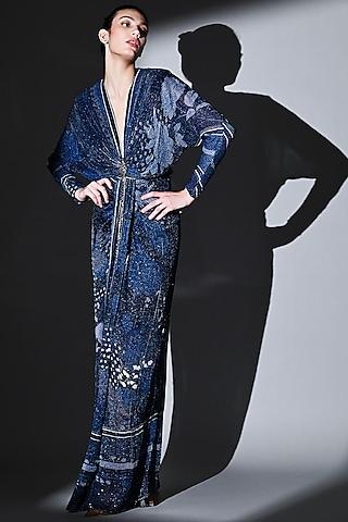 midnight blue sequins pure georgette draped maxi dress