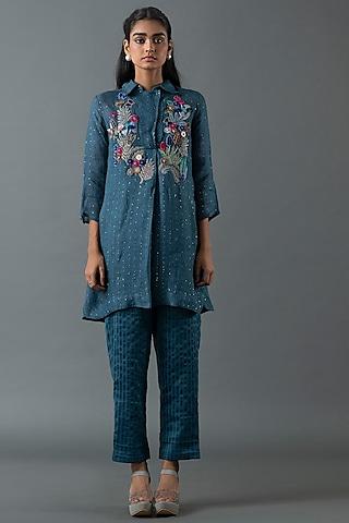 midnight blue shrimp linen glass embroidered tunic set