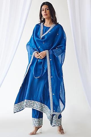 midnight blue silk embroidered kurta set