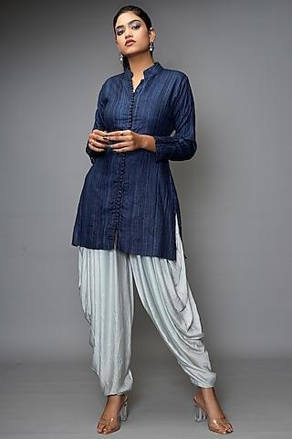 midnight blue silk linen kurta set