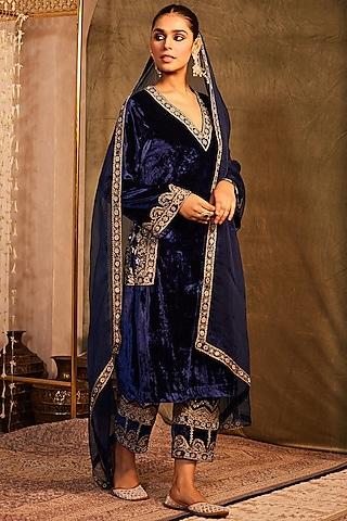 midnight blue silk velvet cutdana & resham embellished kurta set