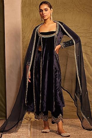 midnight blue silk velvet moti hand embellished kurta set