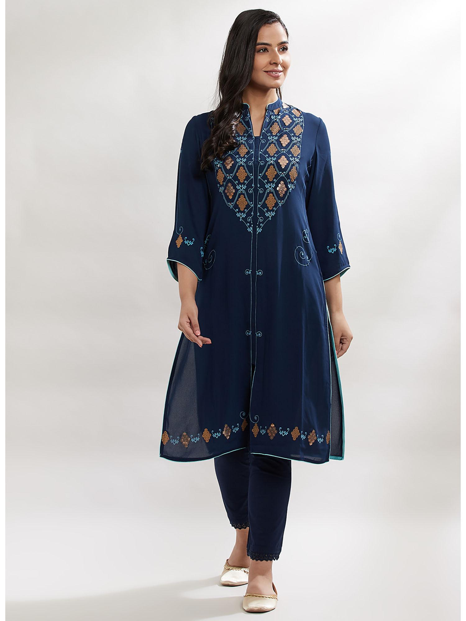 midnight blue slimfit kurti with centre slit