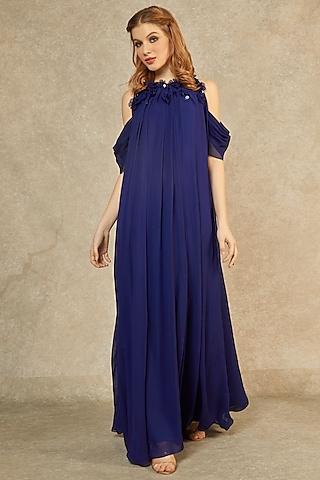 midnight blue tonal panelled gown