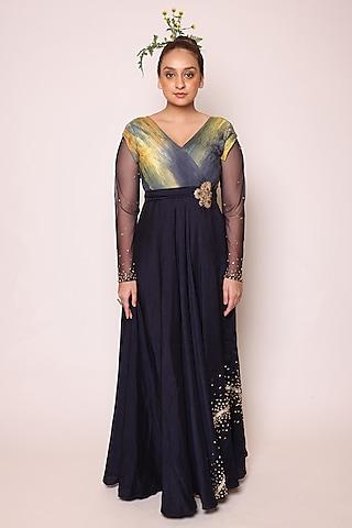 midnight blue tulle & silk embellished overlap maxi dress