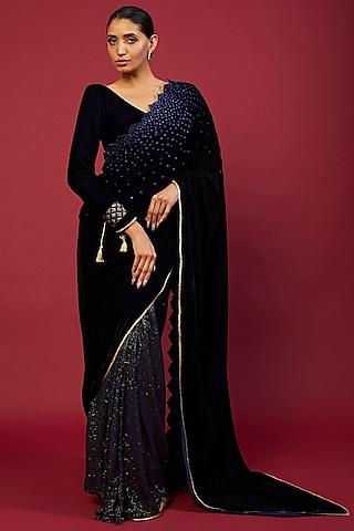 midnight blue velvet embroidered saree set