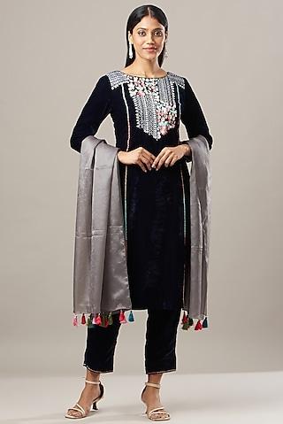 midnight blue velvet kurta set