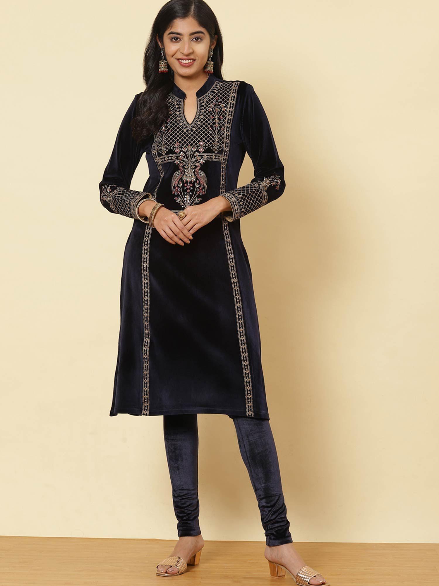 midnight blue velvet straight kurti