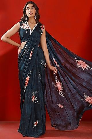 midnight green chiffon printed pre-stitched saree set