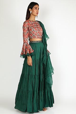 midnight green printed & embellished skirt set