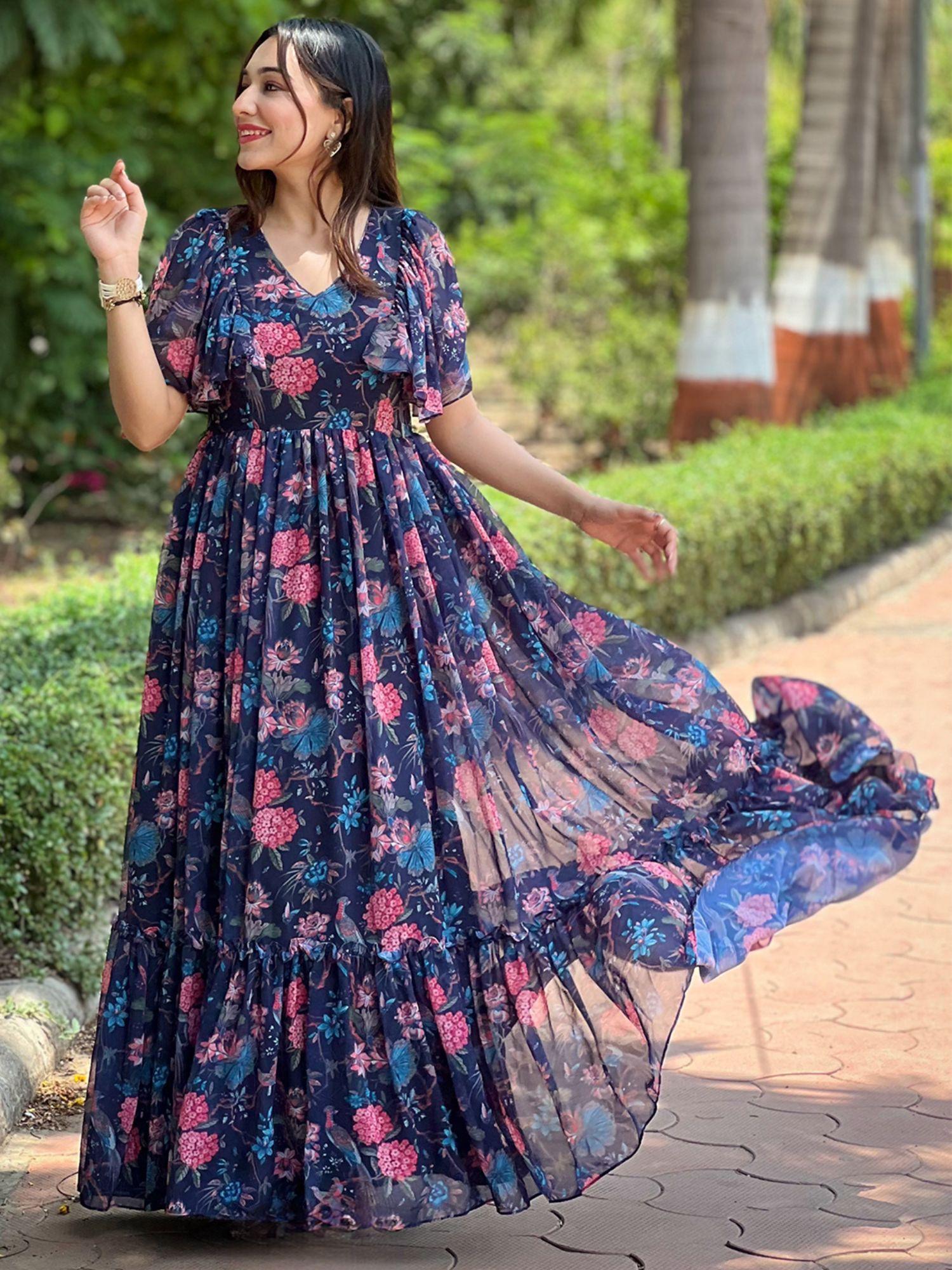 midnight navy blue floral v-neck dress