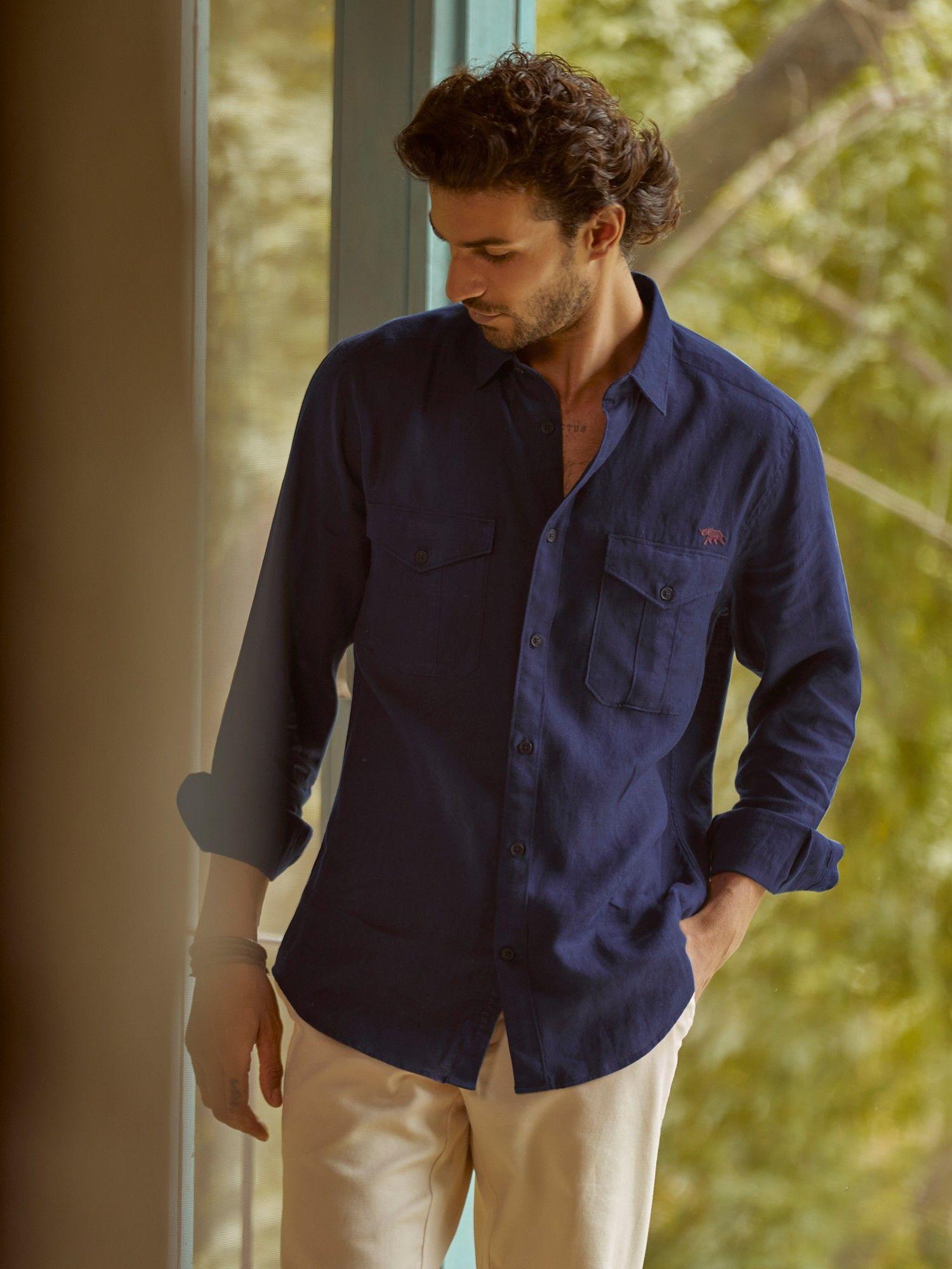 midnight navy blue safari linen shirt