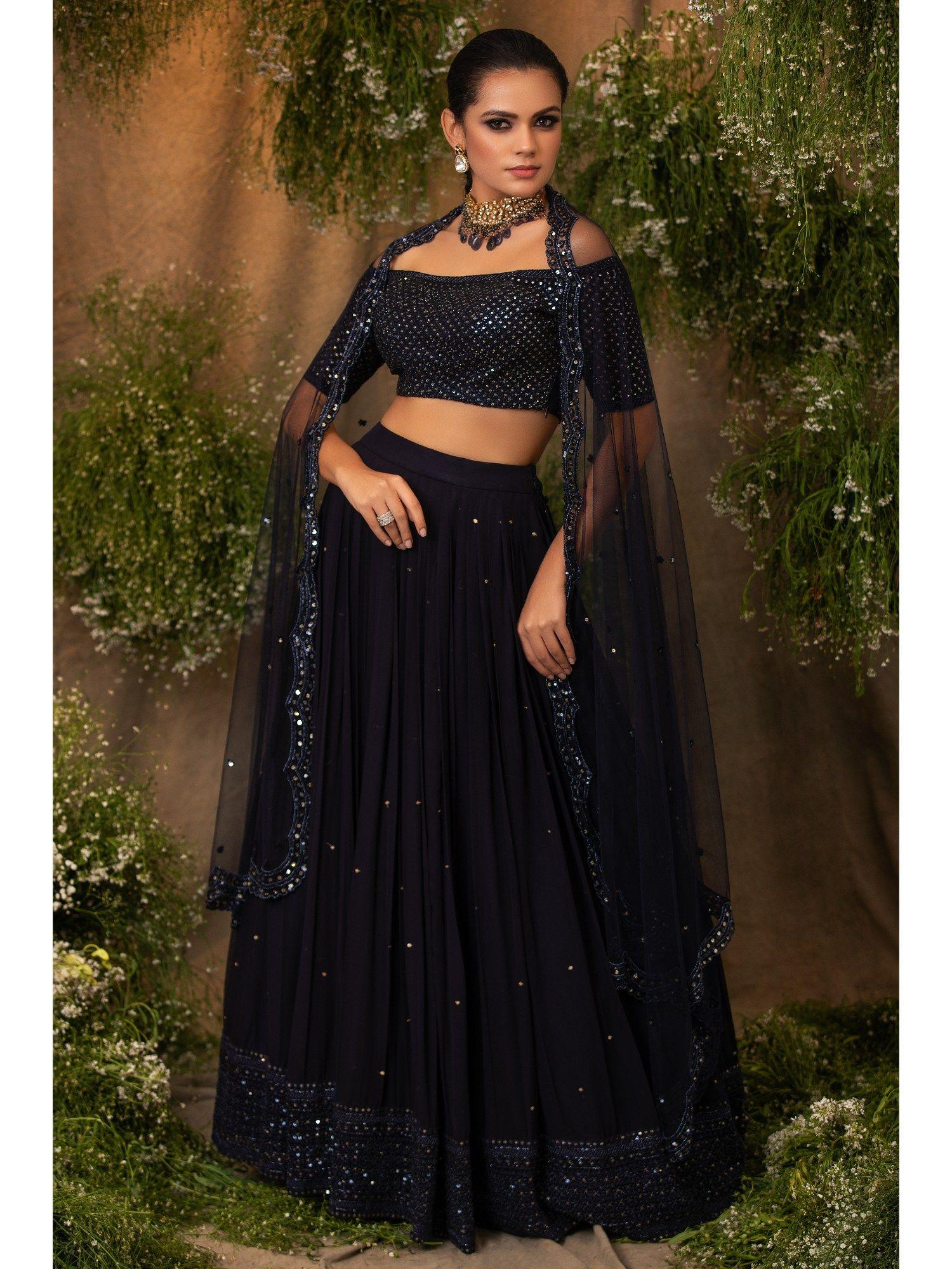 midnight navy blue sequined lehenga with choli and dupatta (set of 3)