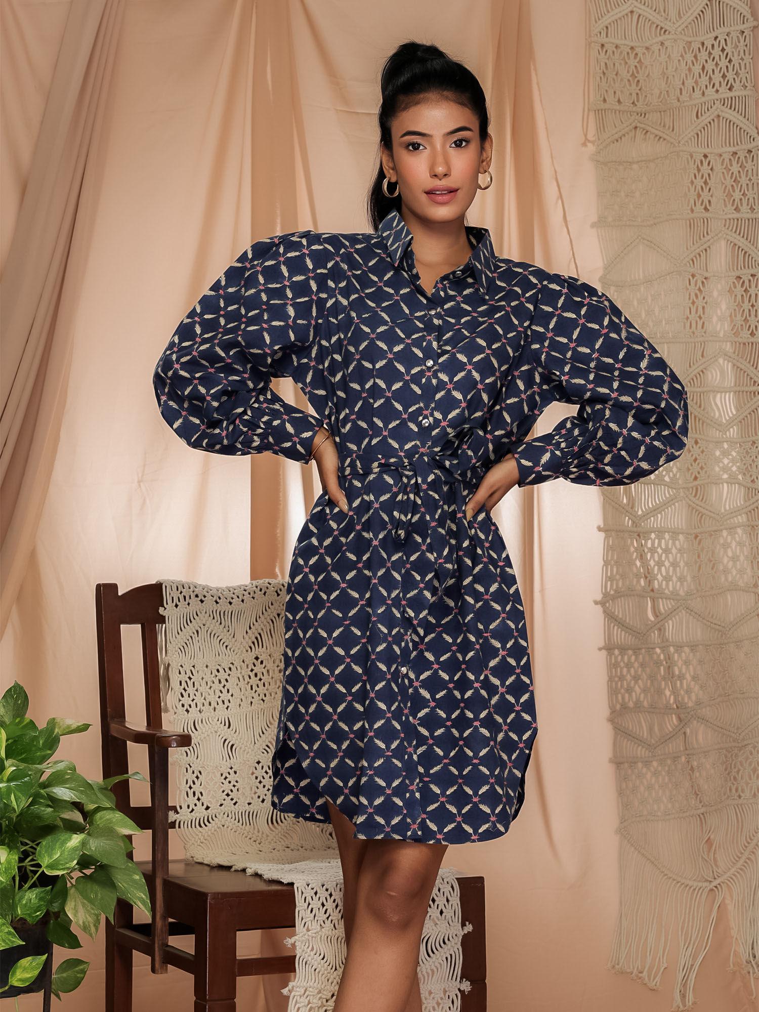 midnight serenade jaal block printed mini shirt dress (set of 2)