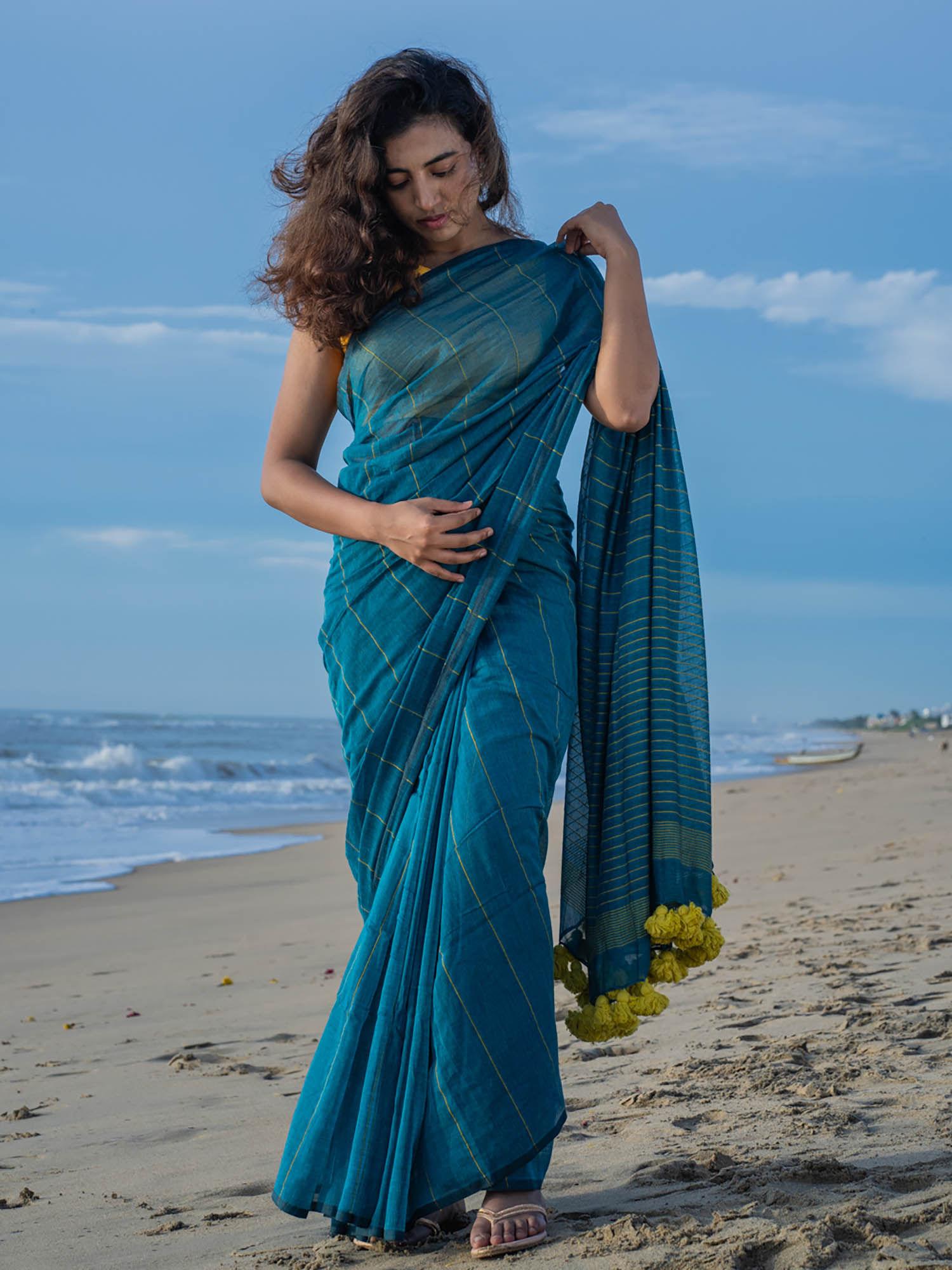 midnight topaz handwoven khesh saree with unstitched blouse