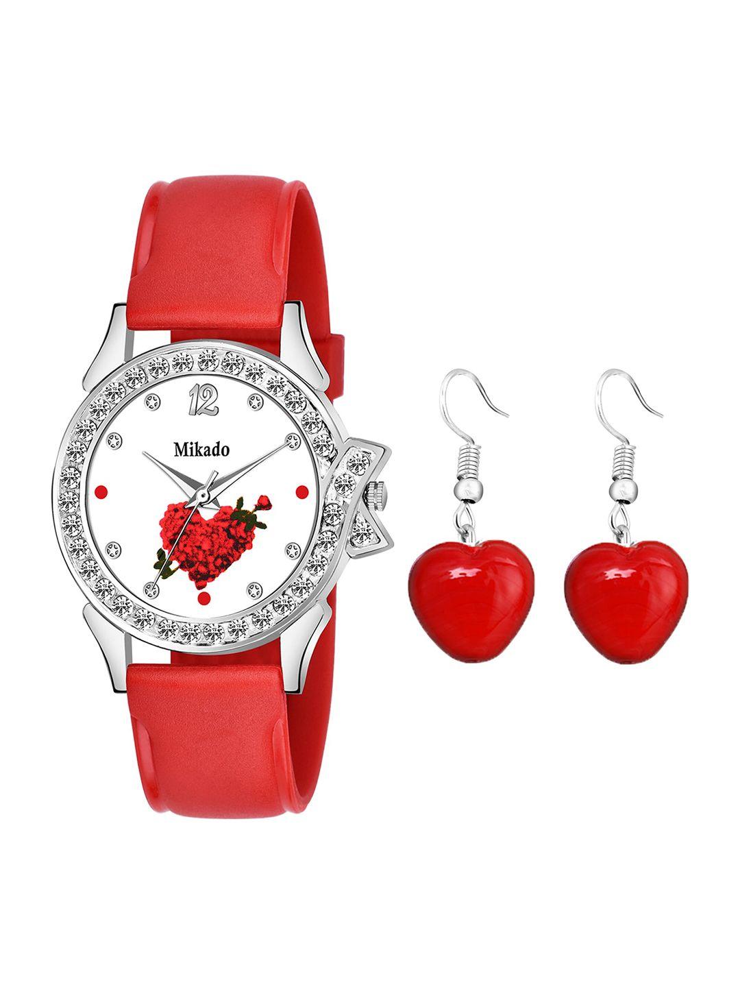 mikado women  brass embellished dial & red straps analogue watch red cherry