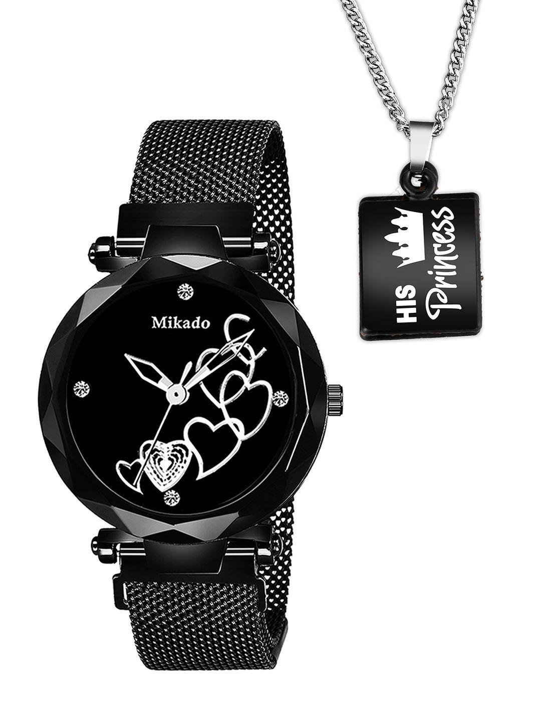 mikado women black brass embellished dial & black bracelet style straps analogue watch black princess