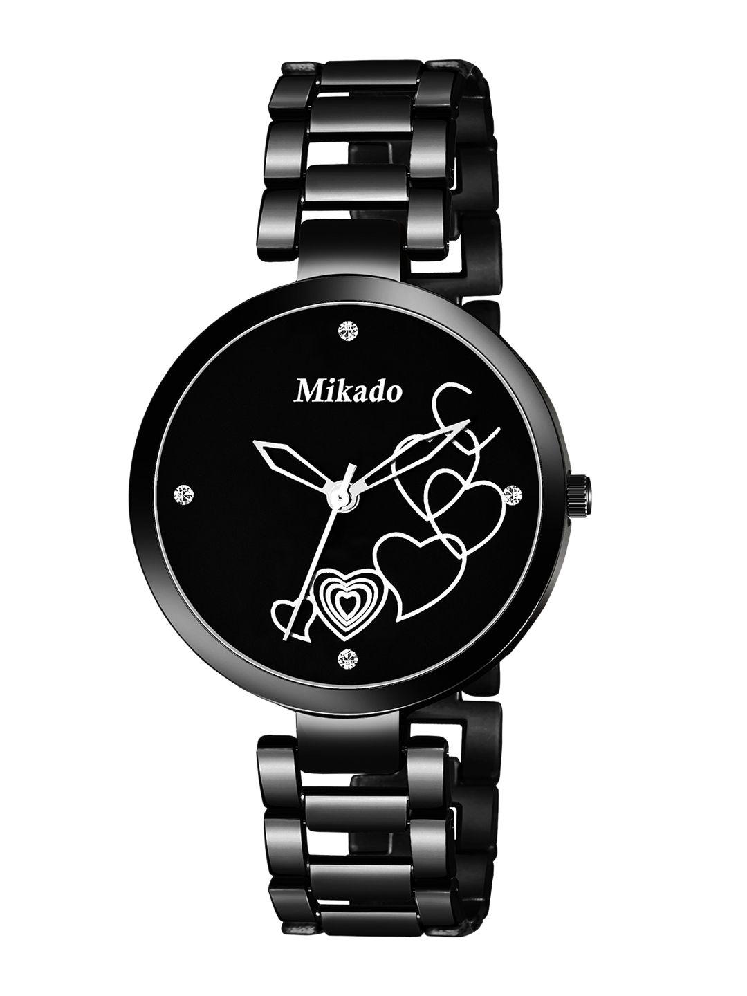 mikado women black brass embellished dial & black stainless steel bracelet style straps analogue watch sk