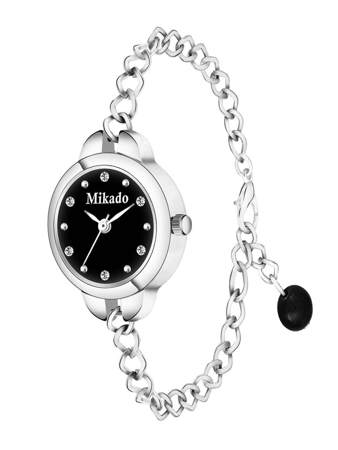 mikado women black brass embellished dial & silver toned stainless steel bracelet style straps analogue watch