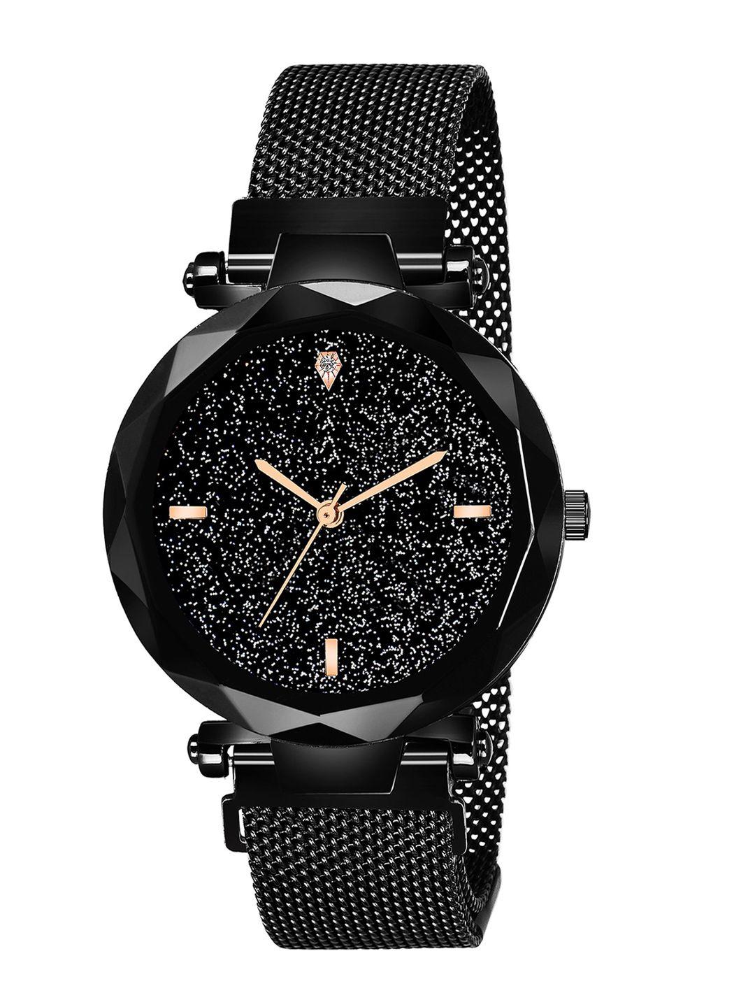 mikado women black embellished dial & black straps analogue watch black beauty 6662