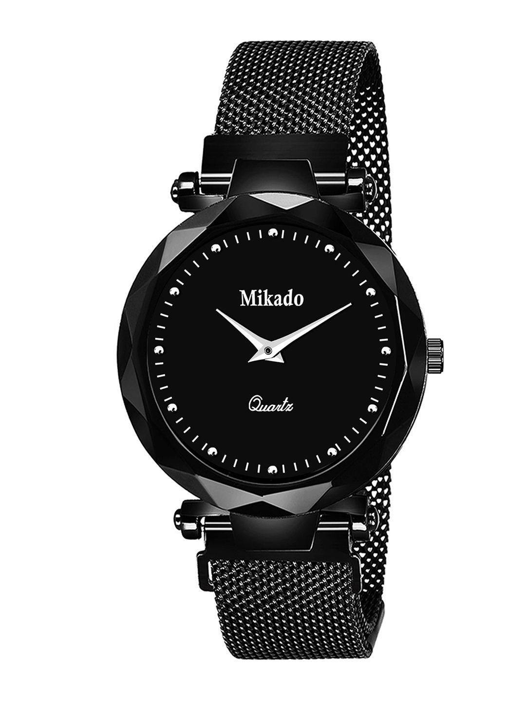 mikado women black embellished dial & black straps analogue watch