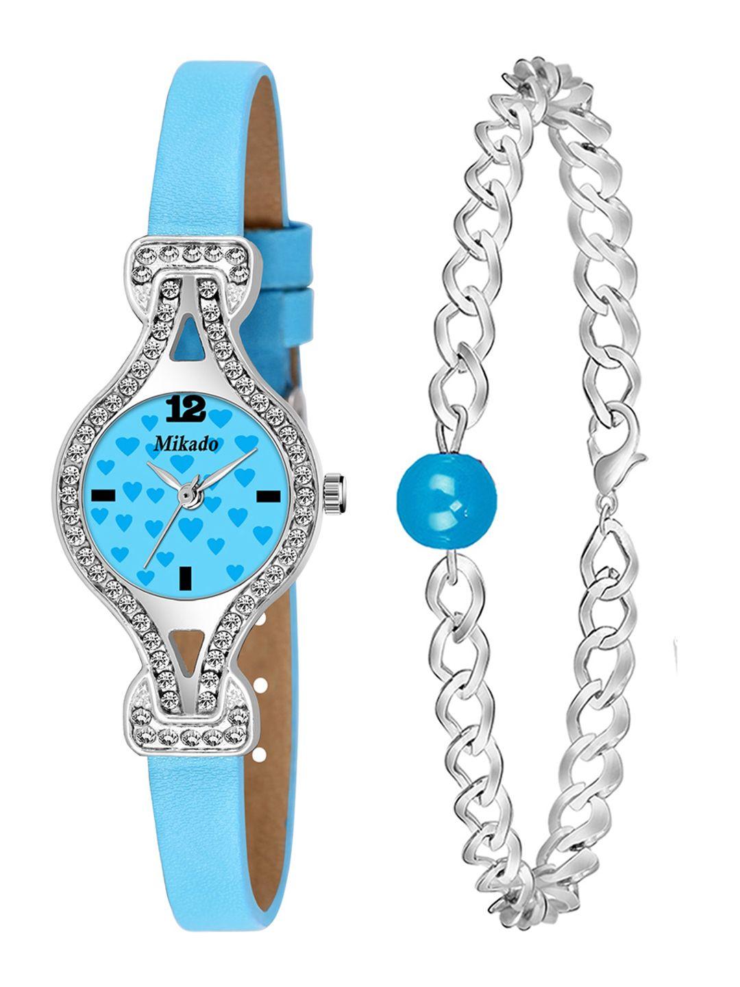 mikado women blue brass & blue leather embellished straps analogue watch louisa fashion