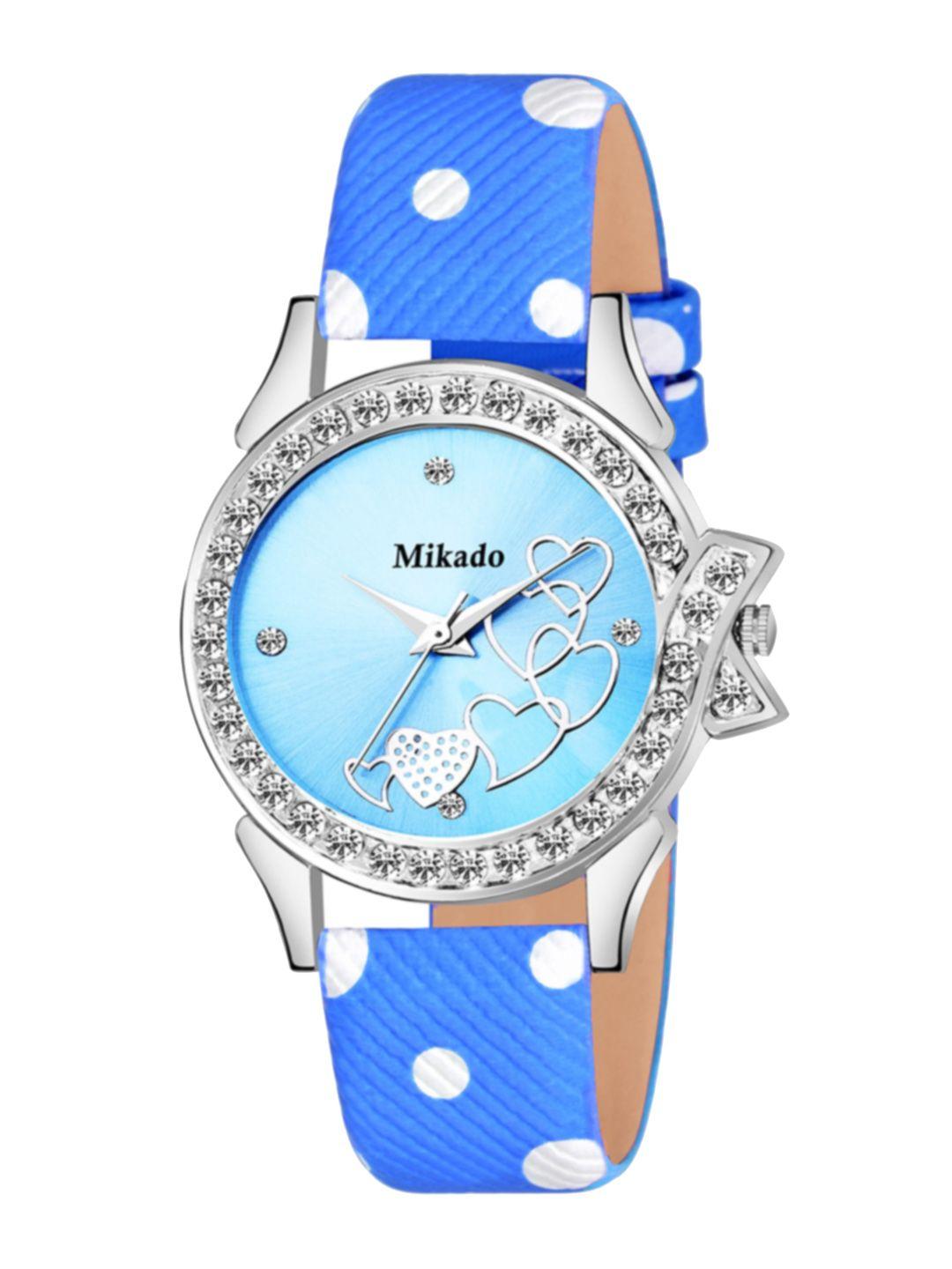 mikado women blue brass embellished dial & blue leather straps analogue watch ss 1545