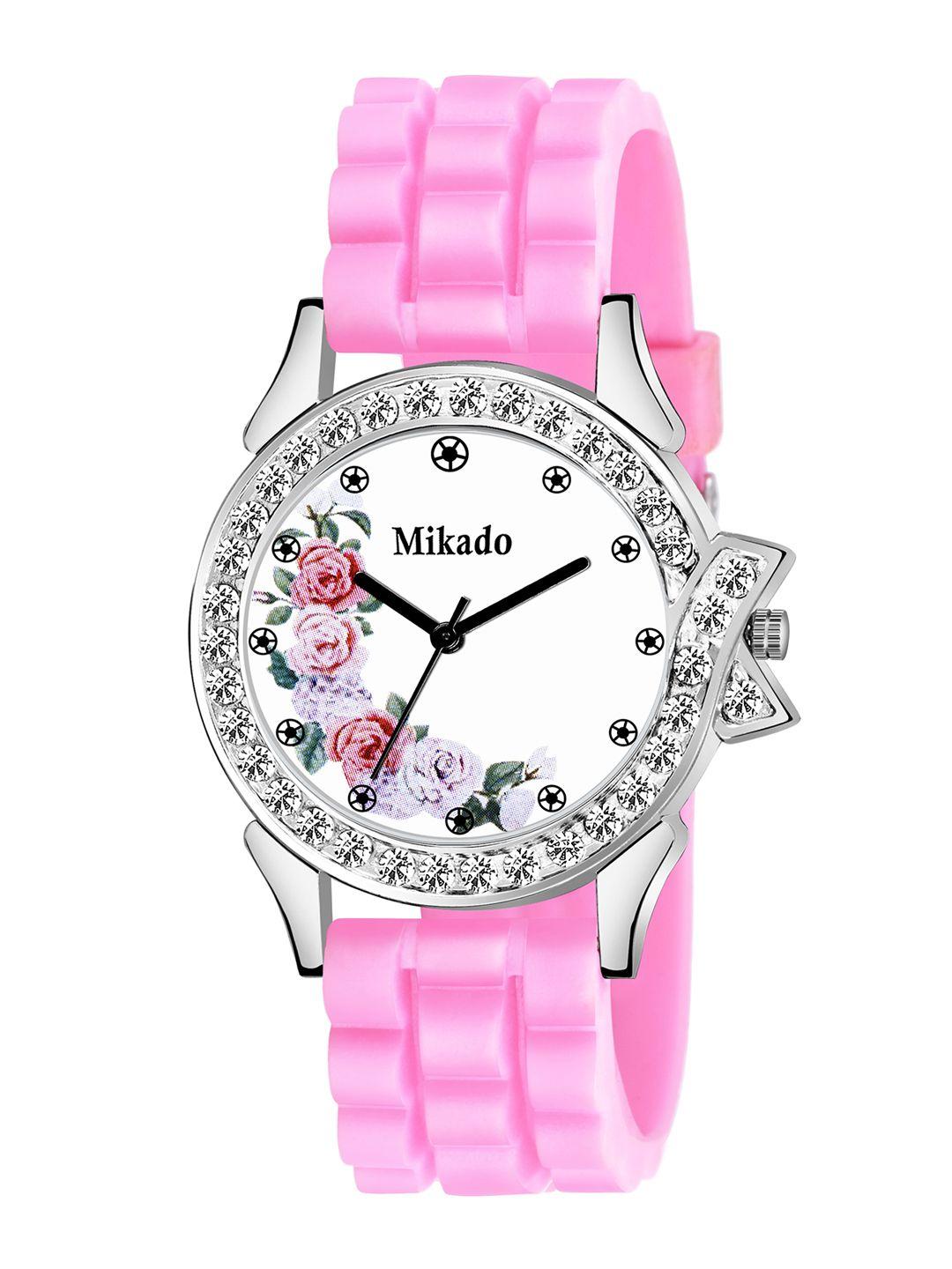 mikado women brass embellished dial & pink leather straps analogue watch