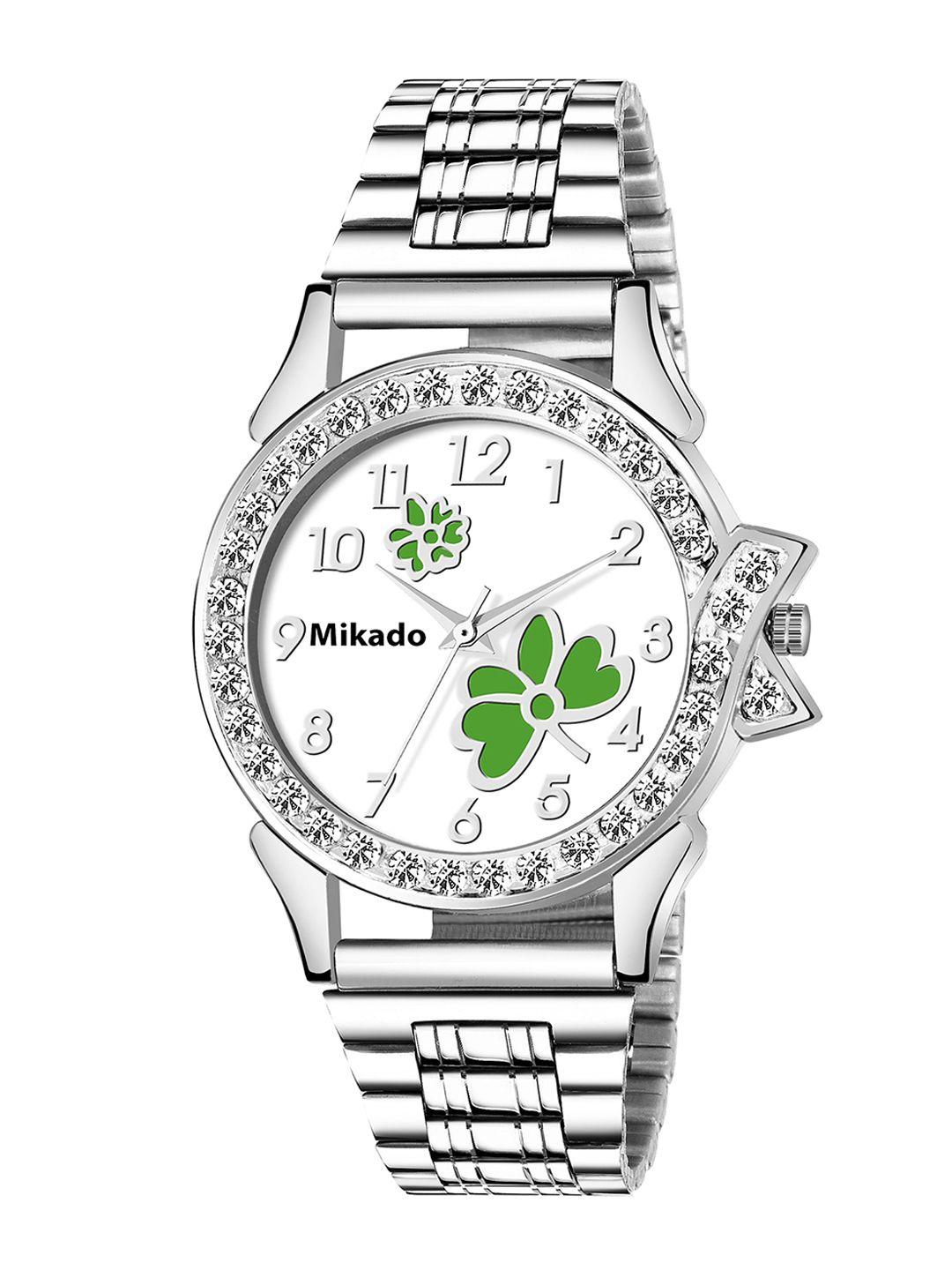 mikado women multicoloured brass embellished dial & silver toned stainless steel bracelet style straps watch