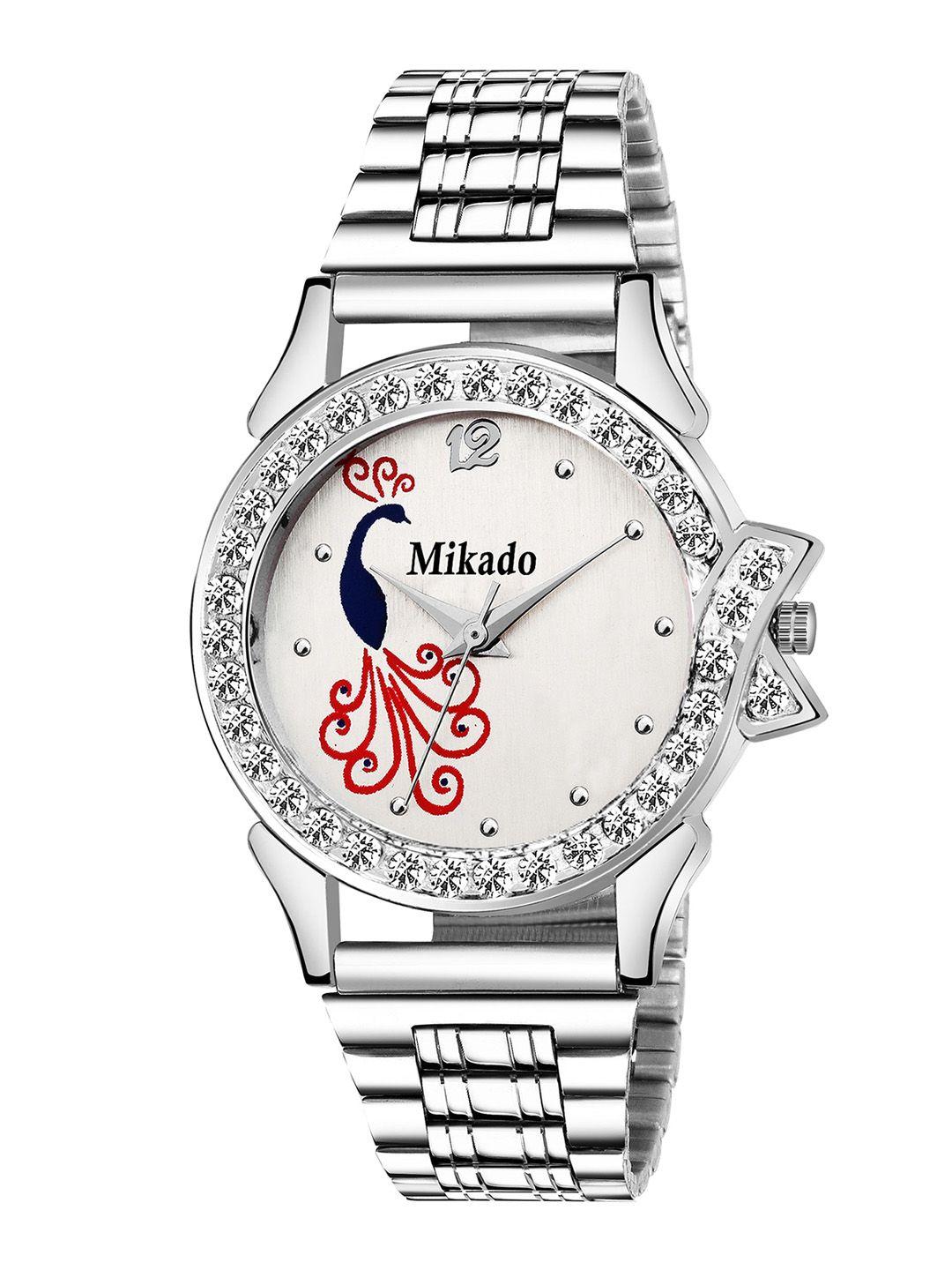 mikado women multicoloured brass embellished dial & silver toned stainless steel bracelet style straps watch