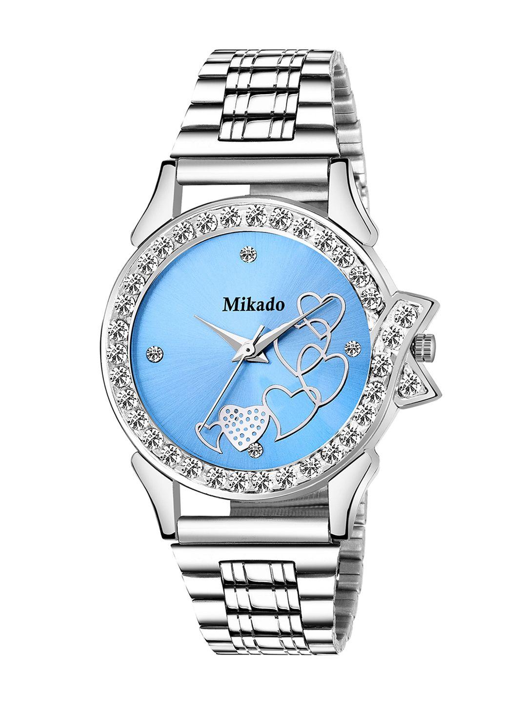 mikado women multicoloured brass embellished dial & silver toned stainless steel bracelet style straps watch