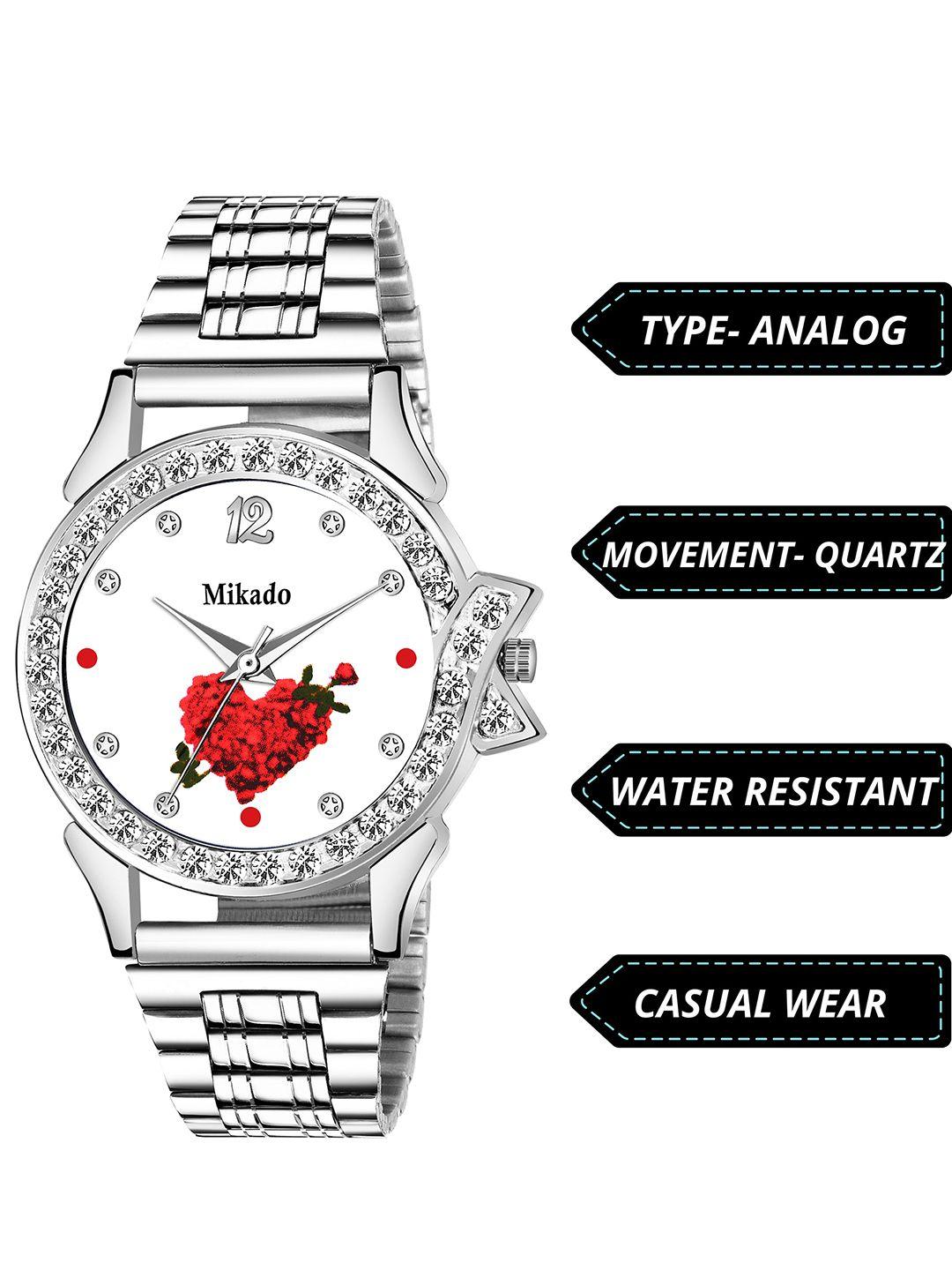 mikado women multicoloured brass printed dial & silver toned stainless steel bracelet style straps analogue watch