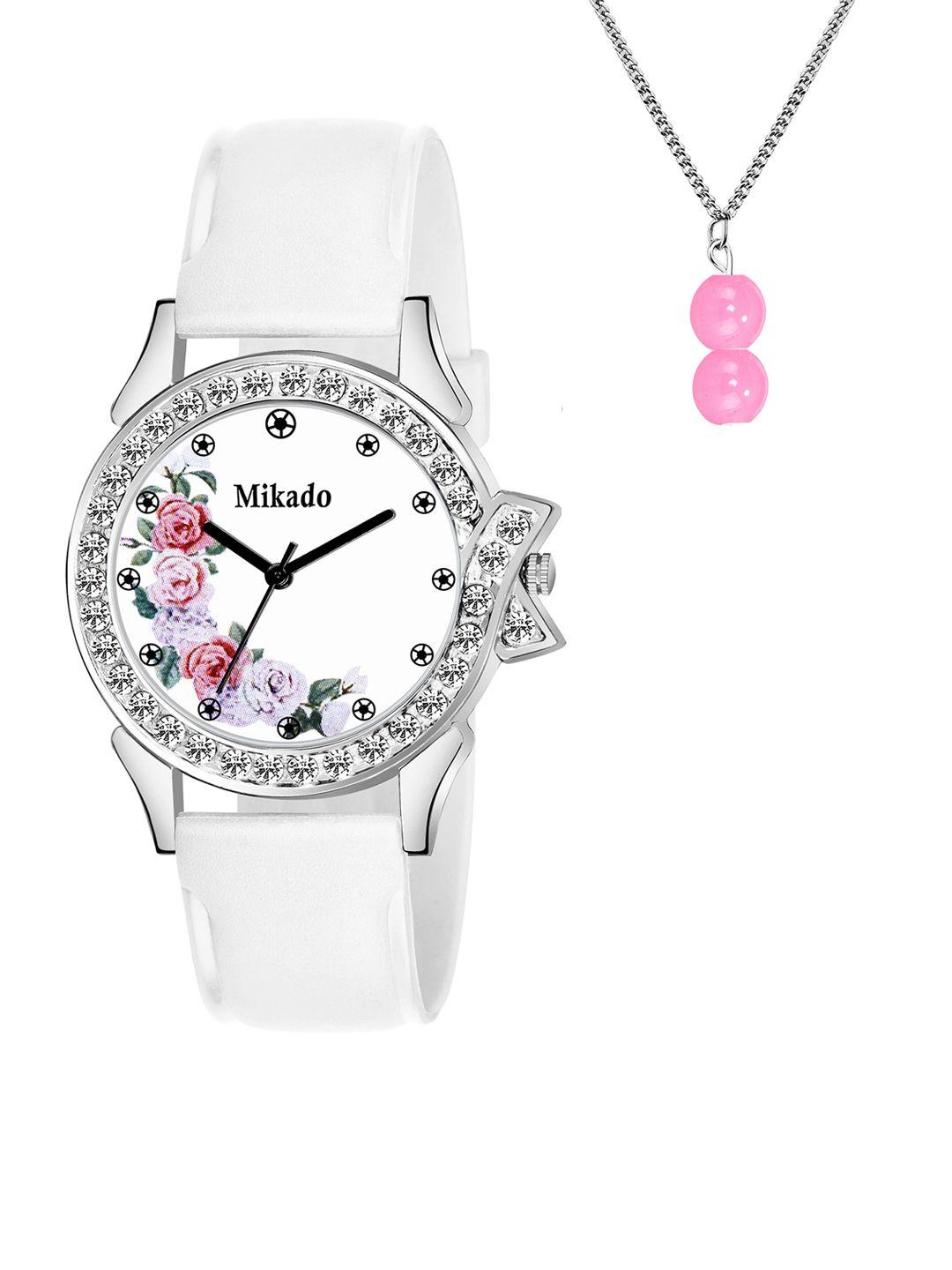 mikado women multicoloured brass printed dial & white leather wrap around straps analogue watch