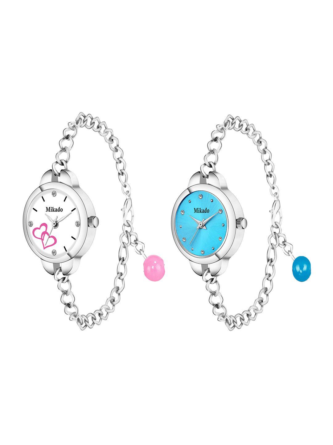 mikado women pack of 2 blue & white dial & stainless steel straps analogue watch-barbie6