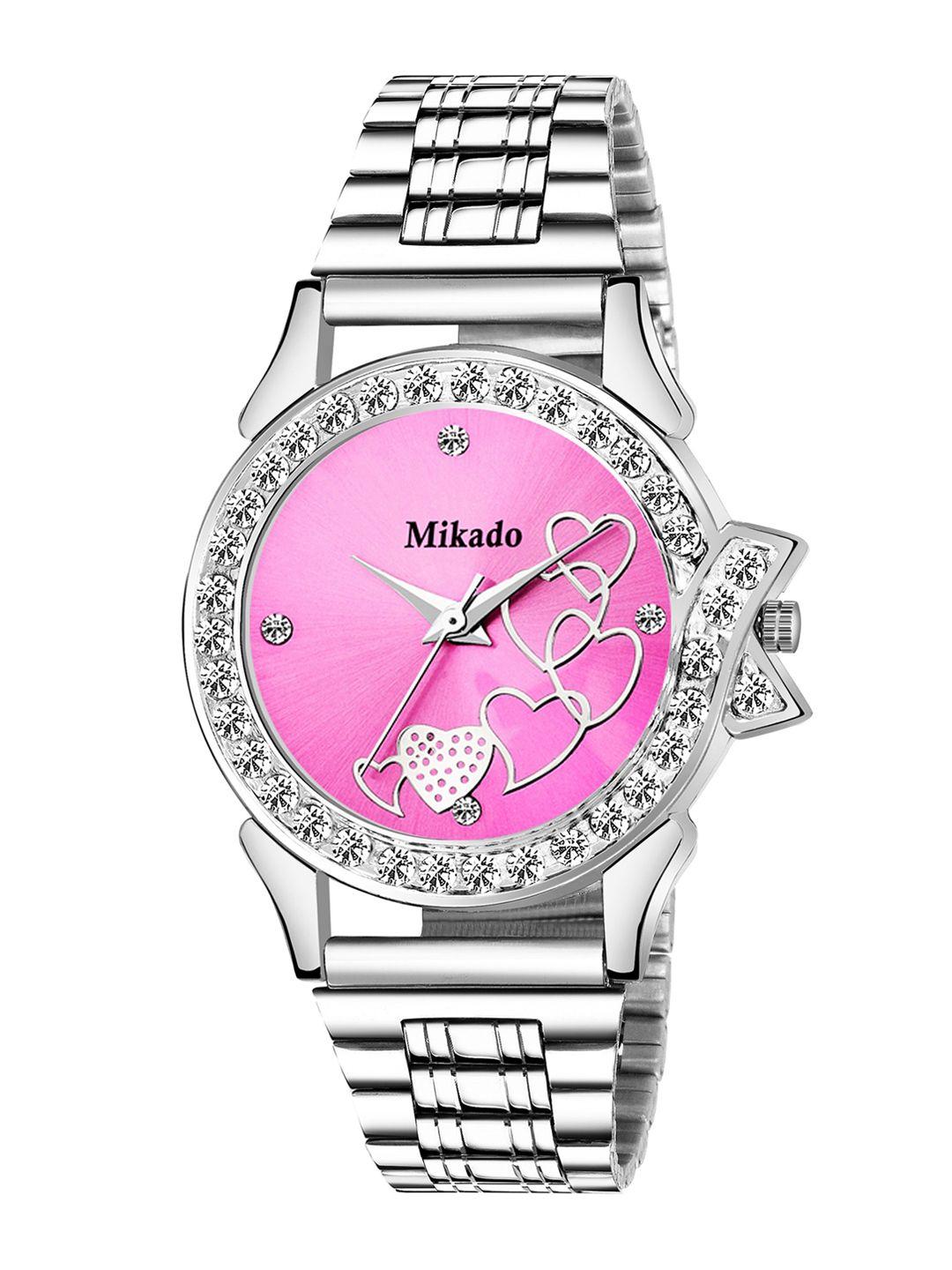 mikado women pink embellished dial & silver toned stainless steel bracelet style watch