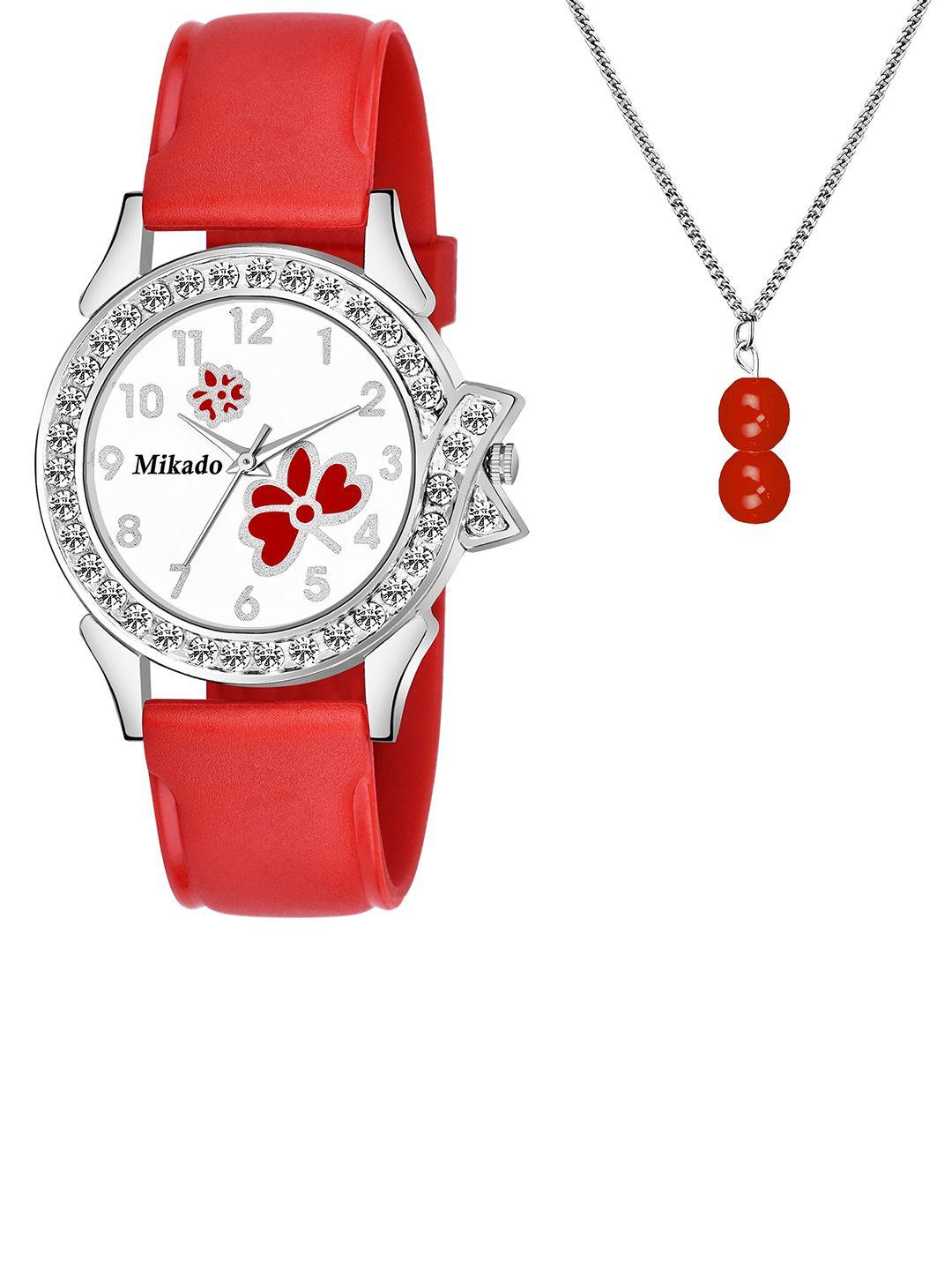 mikado women red & silver-toned brass dial & red leather straps analogue watch